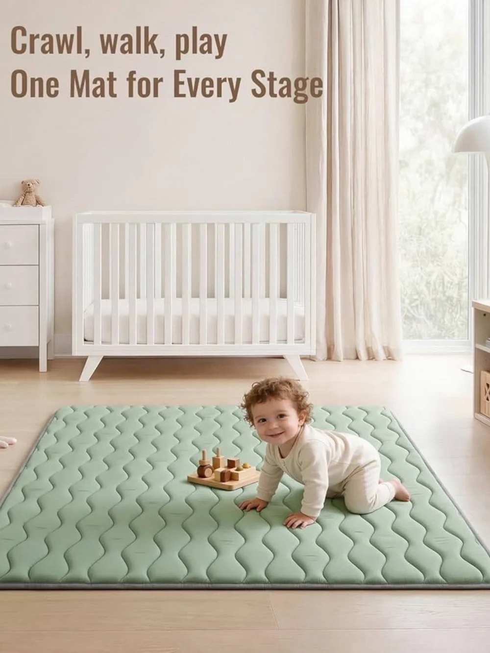 Blissful Diary Sage Baby Padded Play Mat for Floor, 50x50 Playpen Tummy Time Mat
